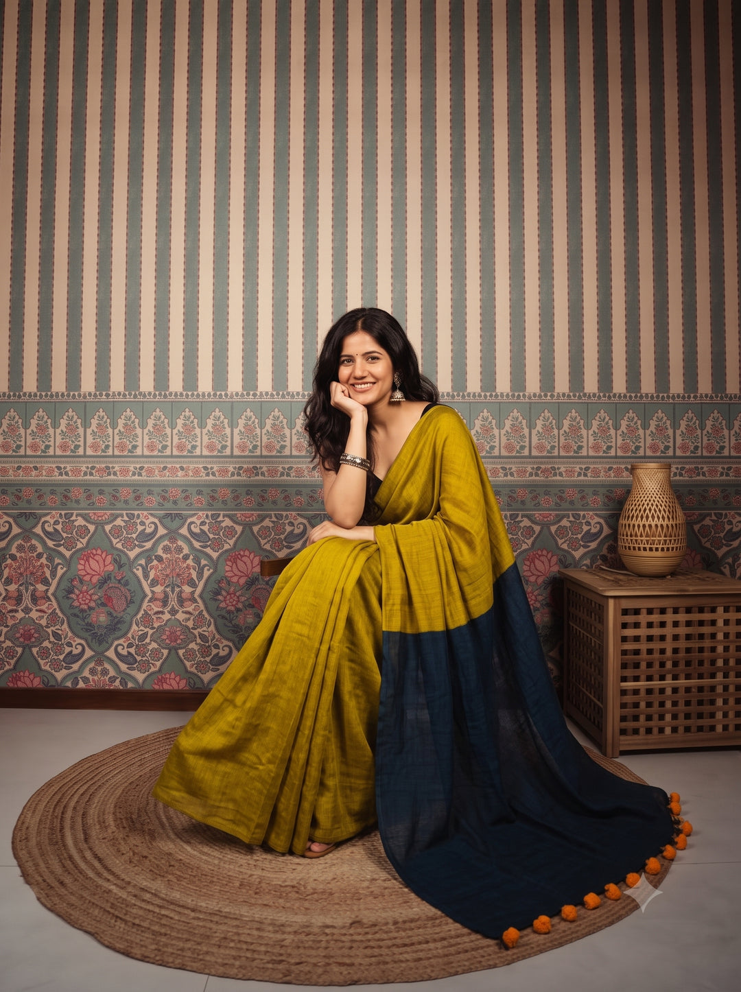 Mustard Yellow Mul Cotton Saree with Midnight Blue Contrast Pallu, Tassels & Matching Blouse