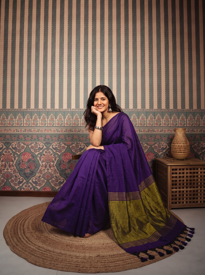 Deep Purple Mul Cotton Saree with Antique Gold Zari Woven Pallu, Tassels & Matching Blouse