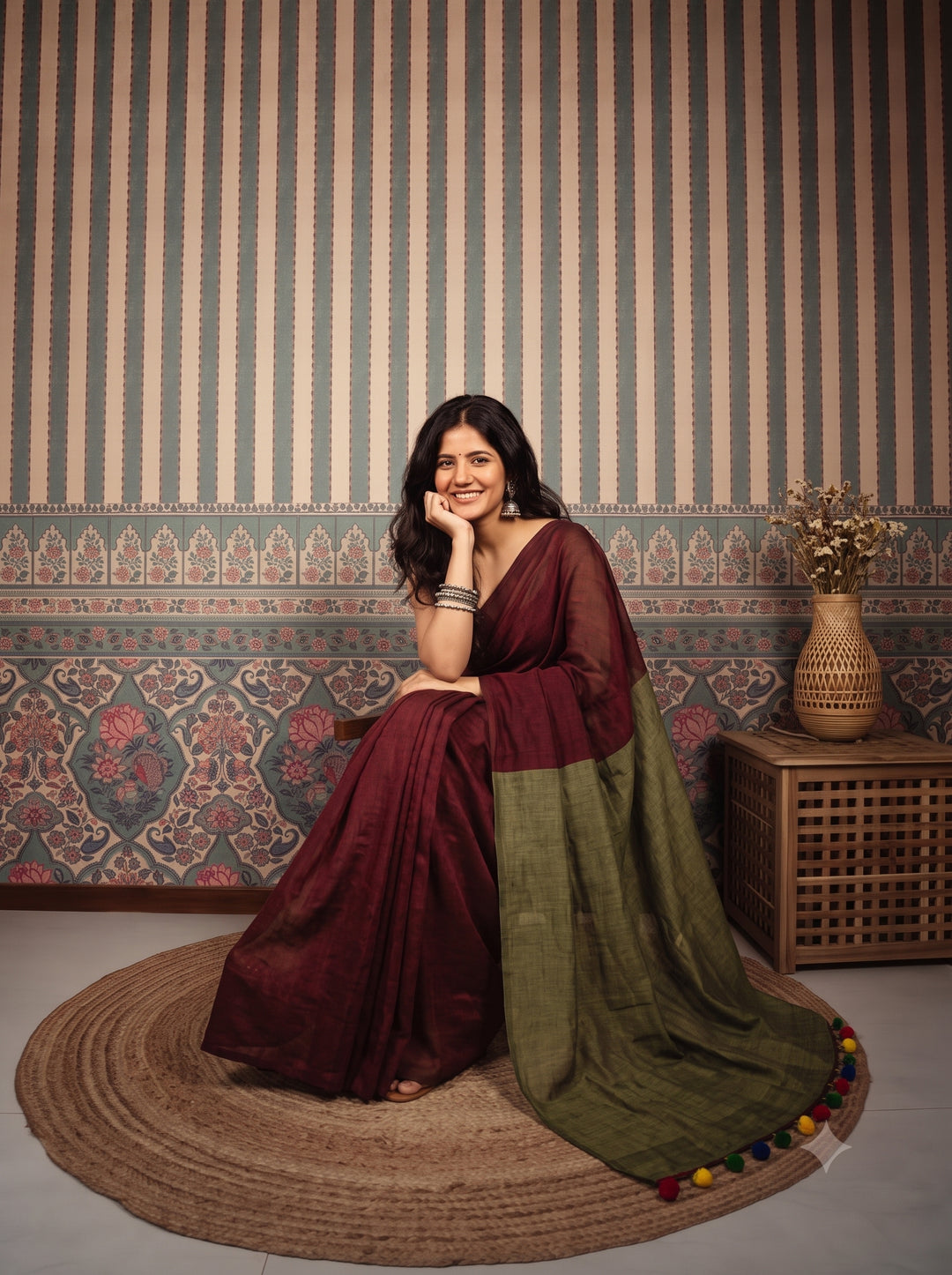Wine Maroon Mul Cotton Saree with Olive Green Contrast Pallu, Tassels & Matching Blouse