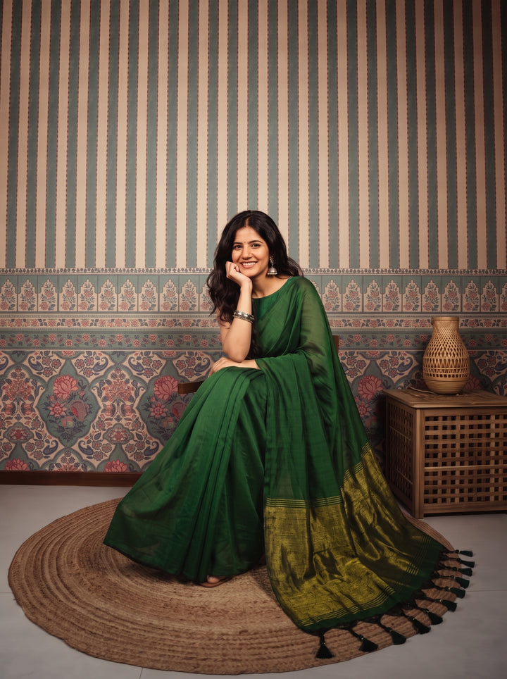 Bottle Green Mul Cotton Saree with Antique Gold Zari Woven Pallu, Tassels & Matching Blouse