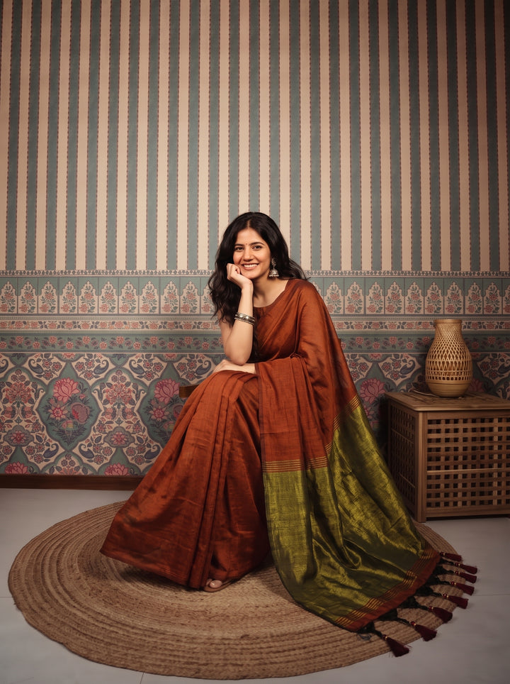 Rust Brown Mul Cotton Saree with Antique Gold Zari Woven Pallu, Tassels & Matching Blouse