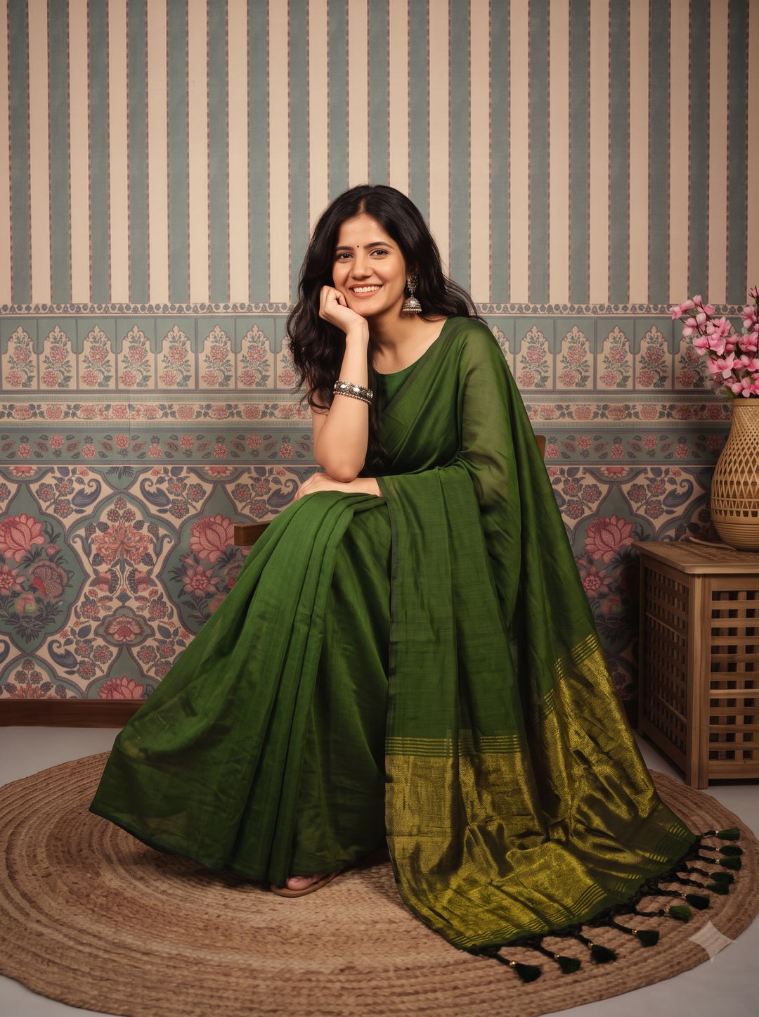 Mehendi Green Mul Cotton Saree with Antique Gold Zari Woven Pallu, Tassels & Matching Blouse