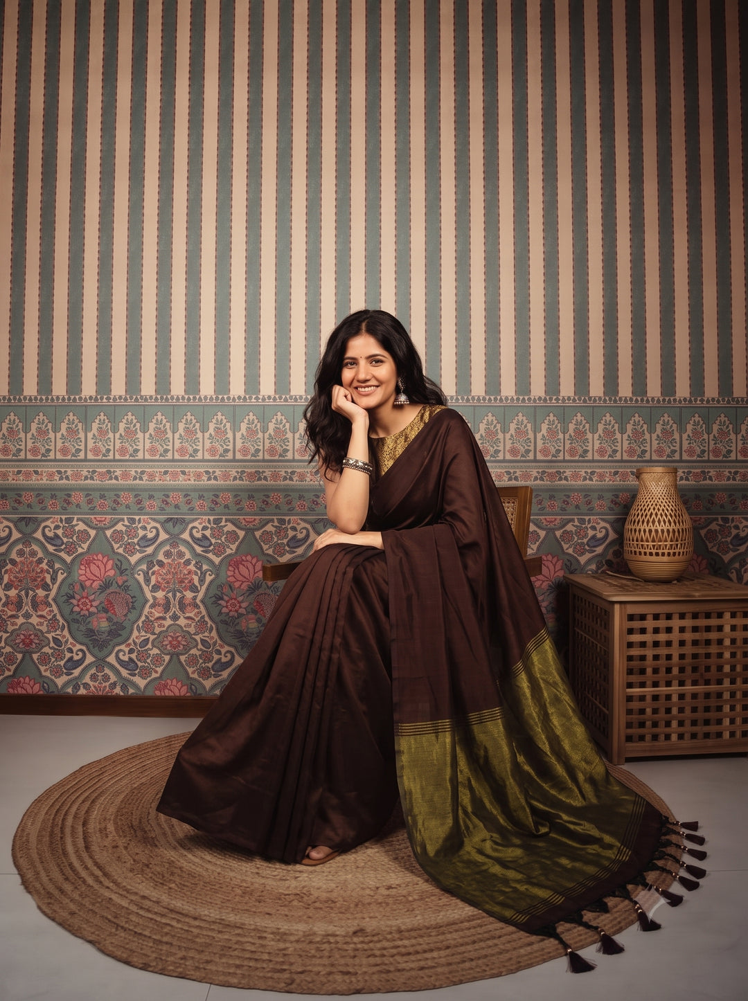Chocolate Brown Mul Cotton Saree with Antique Gold Zari Woven Pallu, Tassels & Matching Blouse