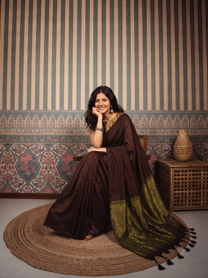 Chocolate Brown Mul Cotton Saree with Antique Gold Zari Woven Pallu, Tassels & Matching Blouse