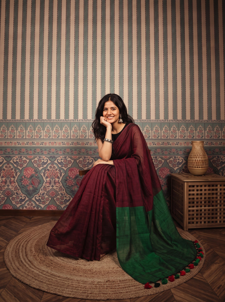 Wine Maroon Mul Cotton Saree with Contrast Emerald Green Pallu, Tassels & Matching Blouse