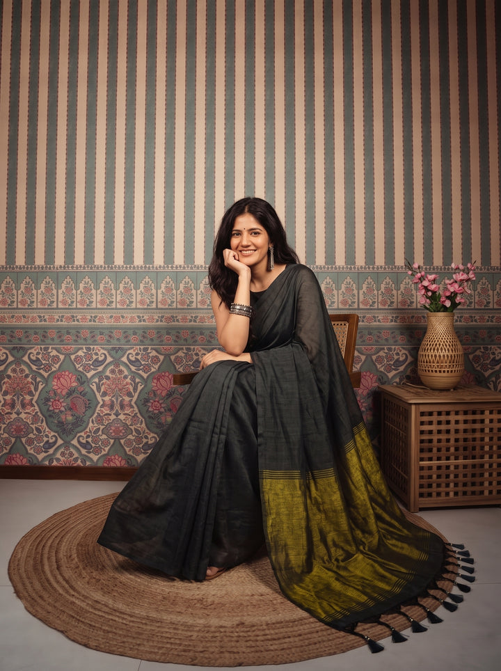 Grey Mul Cotton Saree with Antique Gold Zari Woven Pallu, Tassels & Matching Blouse