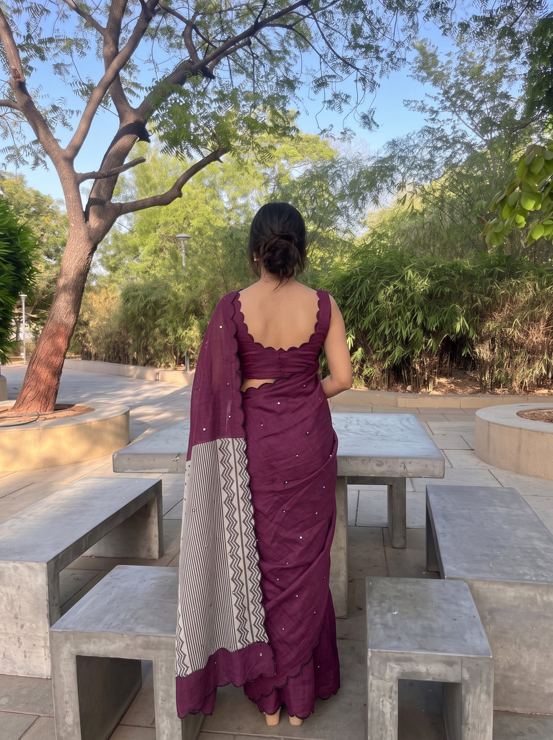 Wine Mul Cotton Saree with Aari Foil Mirror Work, Embroidered Arco Border & Contrast Printed Pallu with Blouse Piece