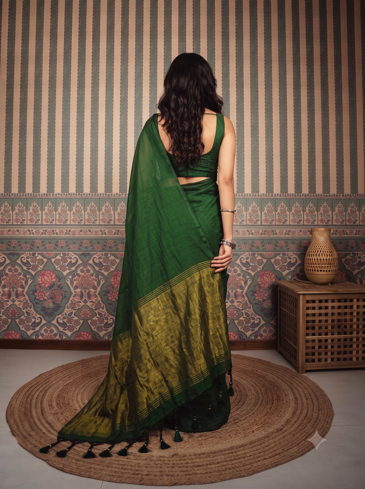 Bottle Green Mul Cotton Saree with Antique Gold Zari Woven Pallu, Tassels & Matching Blouse
