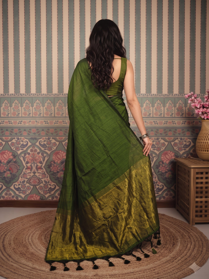 Mehendi Green Mul Cotton Saree with Antique Gold Zari Woven Pallu, Tassels & Matching Blouse