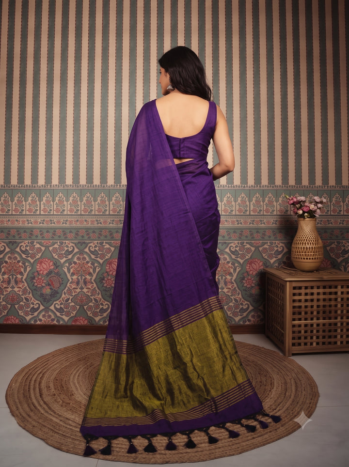 Deep Purple Mul Cotton Saree with Antique Gold Zari Woven Pallu, Tassels & Matching Blouse