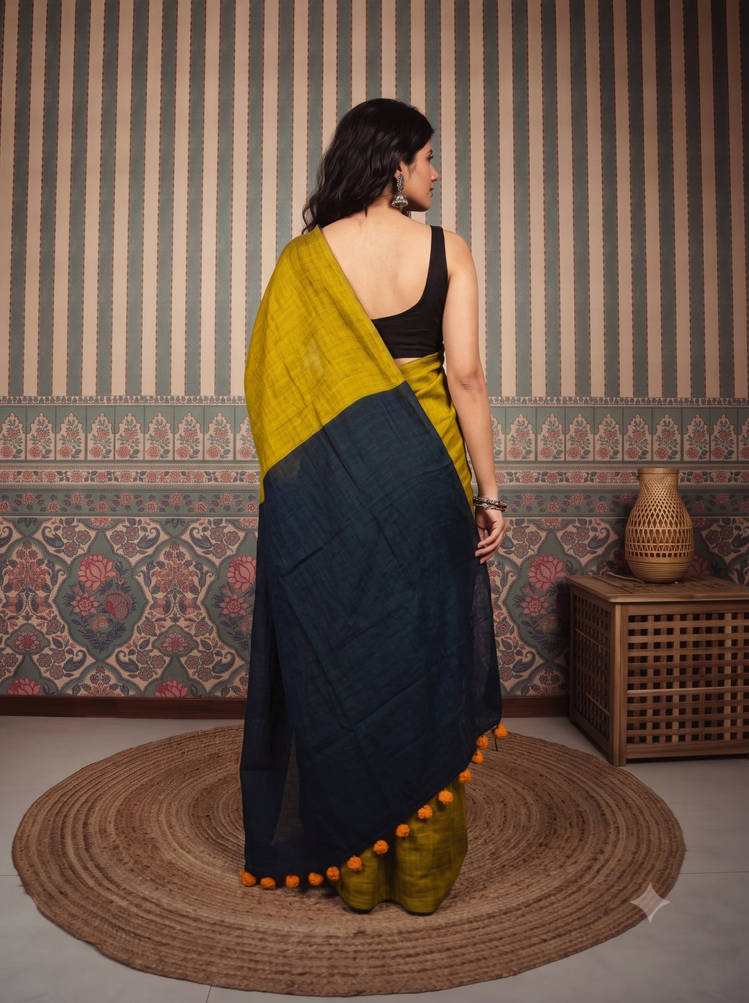 Mustard Yellow Mul Cotton Saree with Midnight Blue Contrast Pallu, Tassels & Matching Blouse