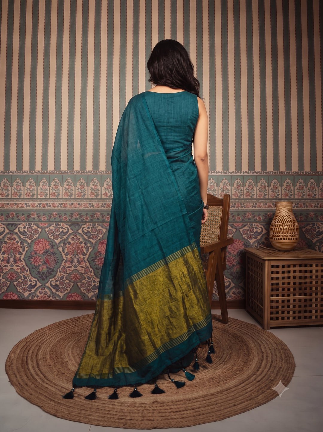 Teal Blue Mul Cotton Saree with Antique Gold Zari Woven Pallu, Tassels & Matching Blouse