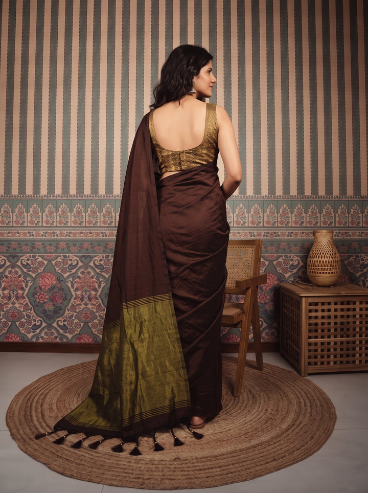 Chocolate Brown Mul Cotton Saree with Antique Gold Zari Woven Pallu, Tassels & Matching Blouse