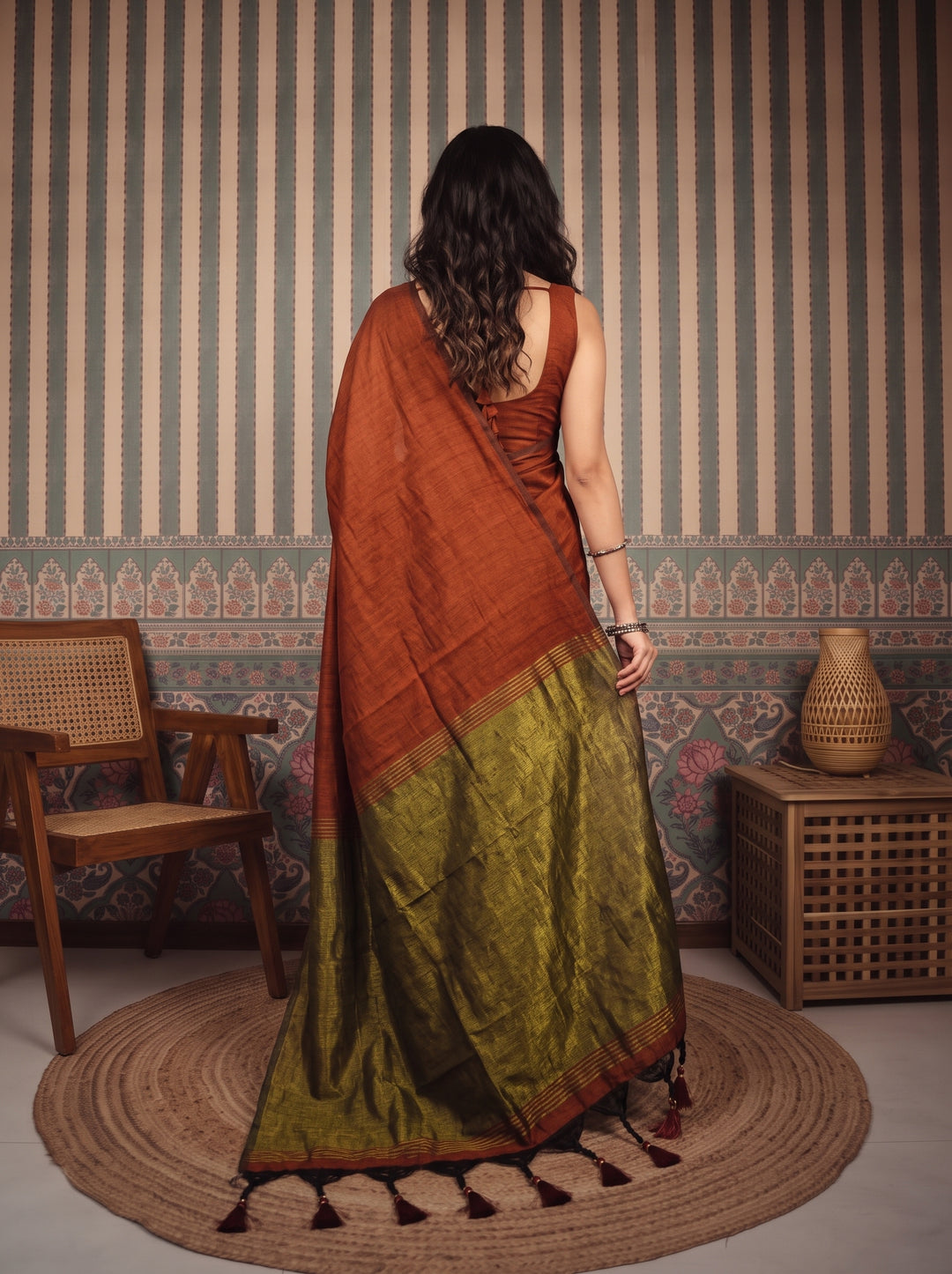 Rust Brown Mul Cotton Saree with Antique Gold Zari Woven Pallu, Tassels & Matching Blouse