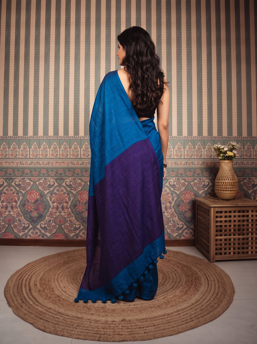 Cobalt Blue Mul Cotton Saree with Deep Purple Contrast Pallu, Tassels & Matching Blouse