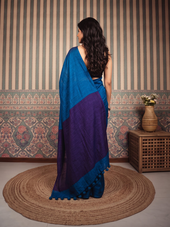Cobalt Blue Mul Cotton Saree with Deep Purple Contrast Pallu, Tassels & Matching Blouse
