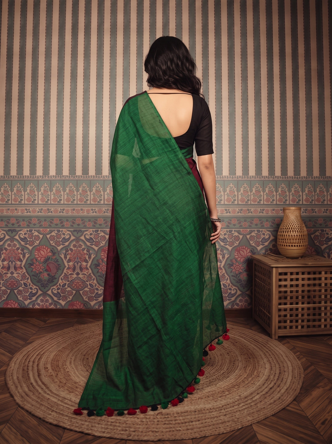 Wine Maroon Mul Cotton Saree with Contrast Emerald Green Pallu, Tassels & Matching Blouse