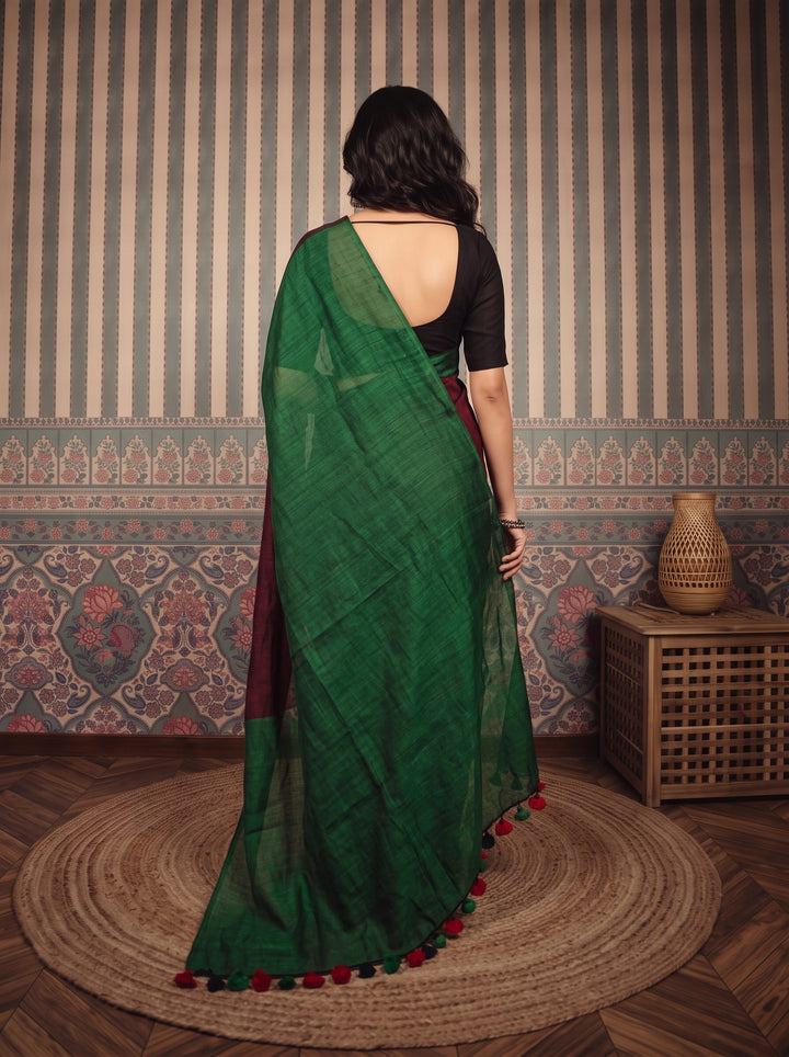 Wine Maroon Mul Cotton Saree with Contrast Emerald Green Pallu, Tassels & Matching Blouse