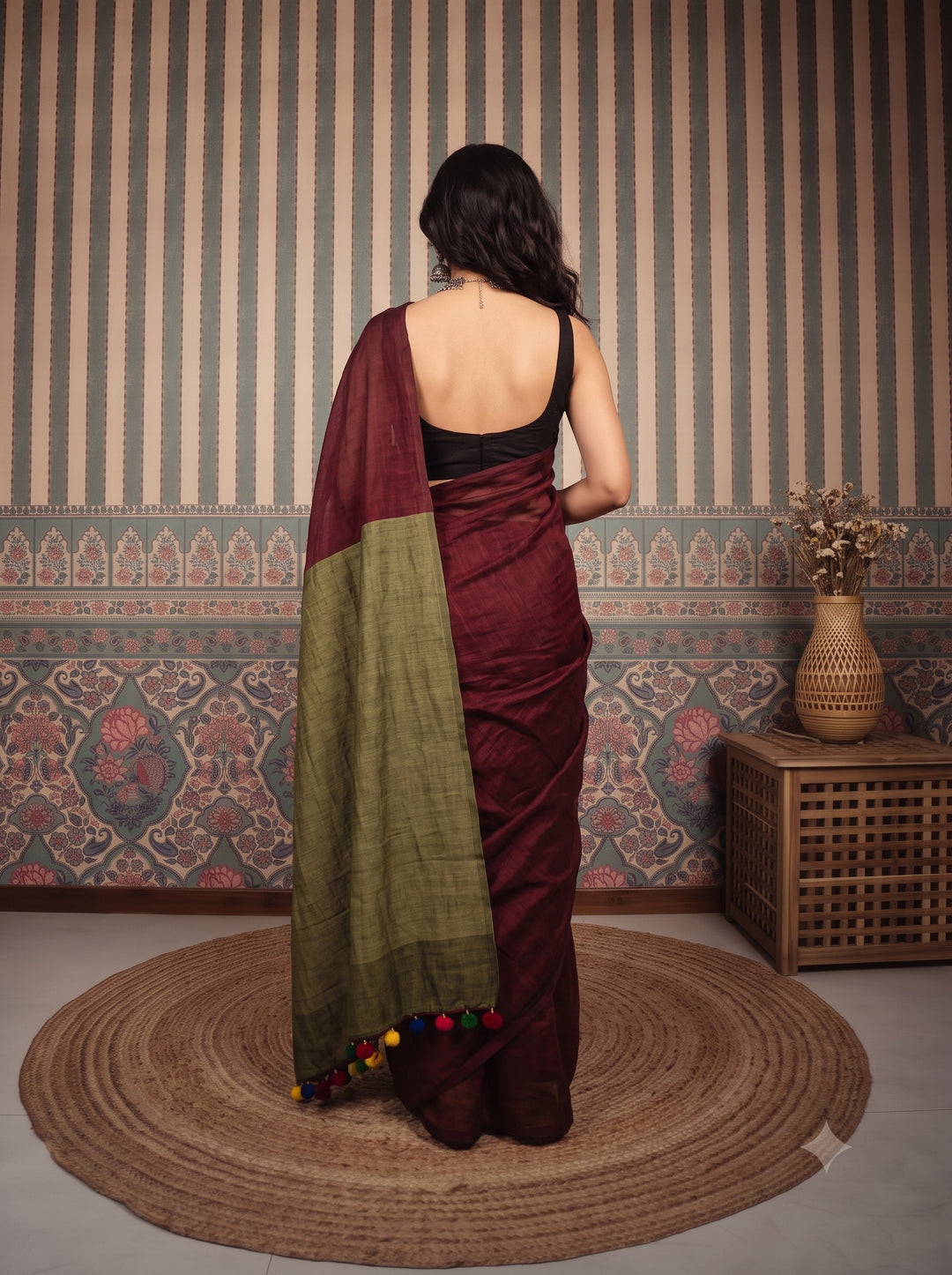 Wine Maroon Mul Cotton Saree with Olive Green Contrast Pallu, Tassels & Matching Blouse