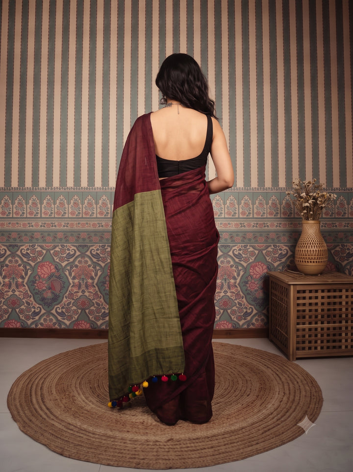 Wine Maroon Mul Cotton Saree with Olive Green Contrast Pallu, Tassels & Matching Blouse