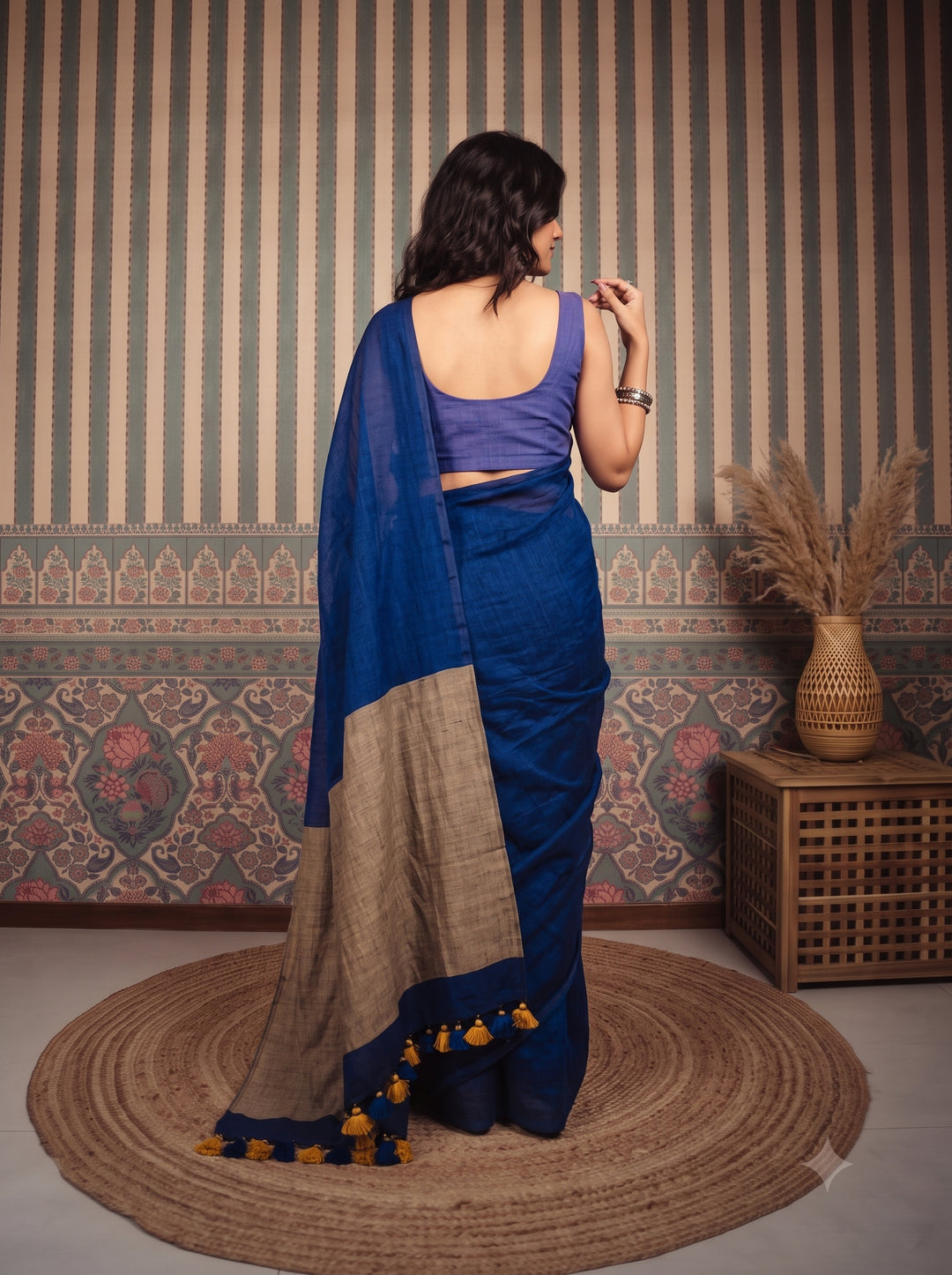 Navy Blue Mul Cotton Saree with Beige Contrast Pallu, Tassels & Matching Blouse