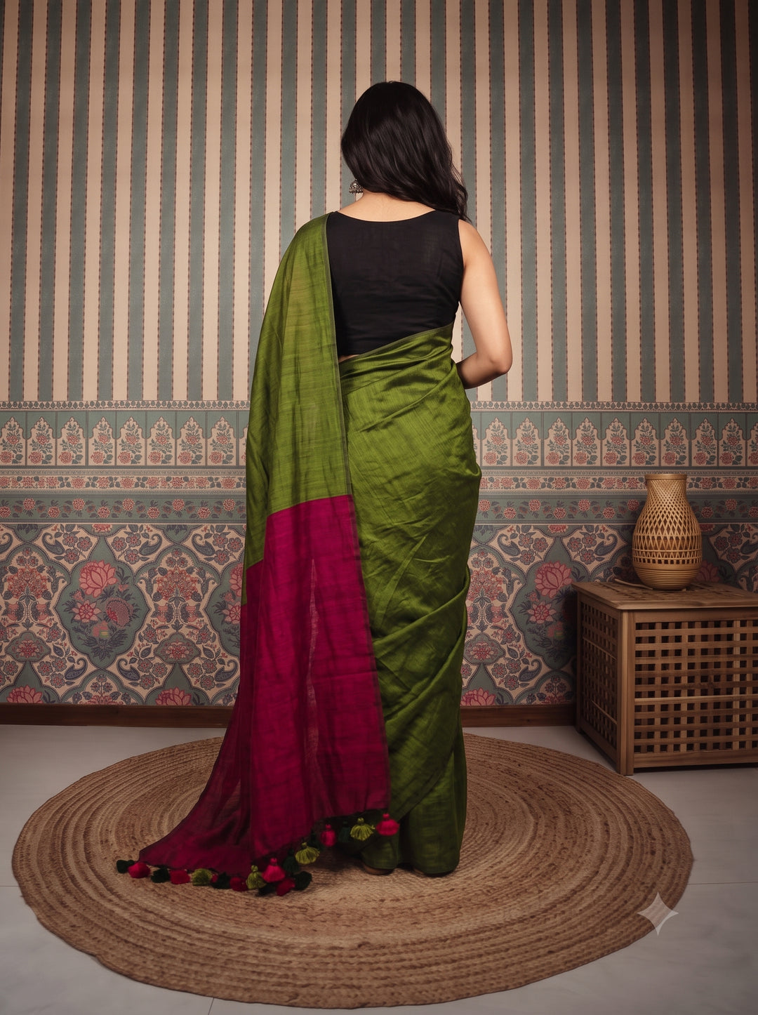 Olive Green Mul Cotton Saree with Contrast Magenta Pallu, Tassels & Matching Blouse