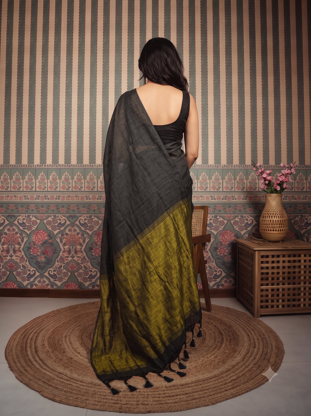 Grey Mul Cotton Saree with Antique Gold Zari Woven Pallu, Tassels & Matching Blouse