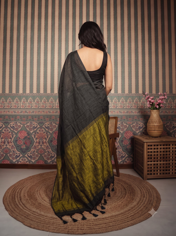 Grey Mul Cotton Saree with Antique Gold Zari Woven Pallu, Tassels & Matching Blouse