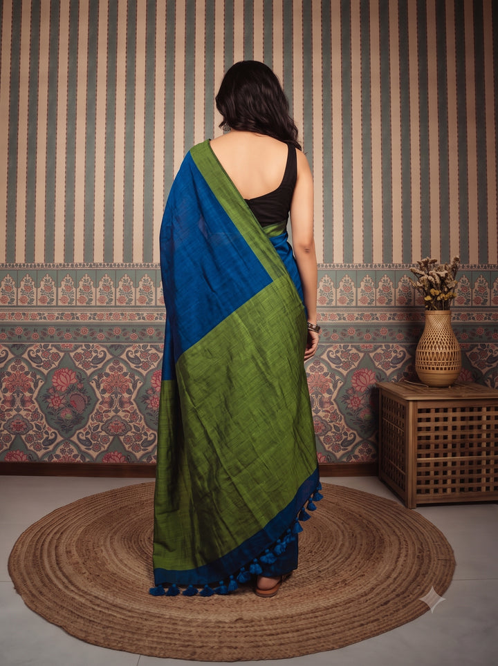 Royal Blue Mul Cotton Saree with Olive Green Contrast Pallu, Tassels & Matching Blouse