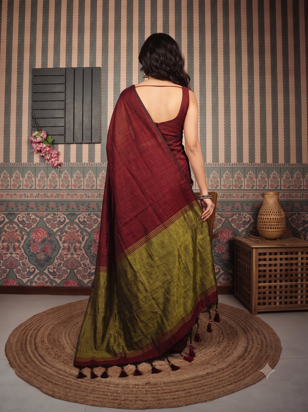 Wine Mul Cotton Saree with Antique Gold Zari Woven Pallu, Tassels & Matching Blouse