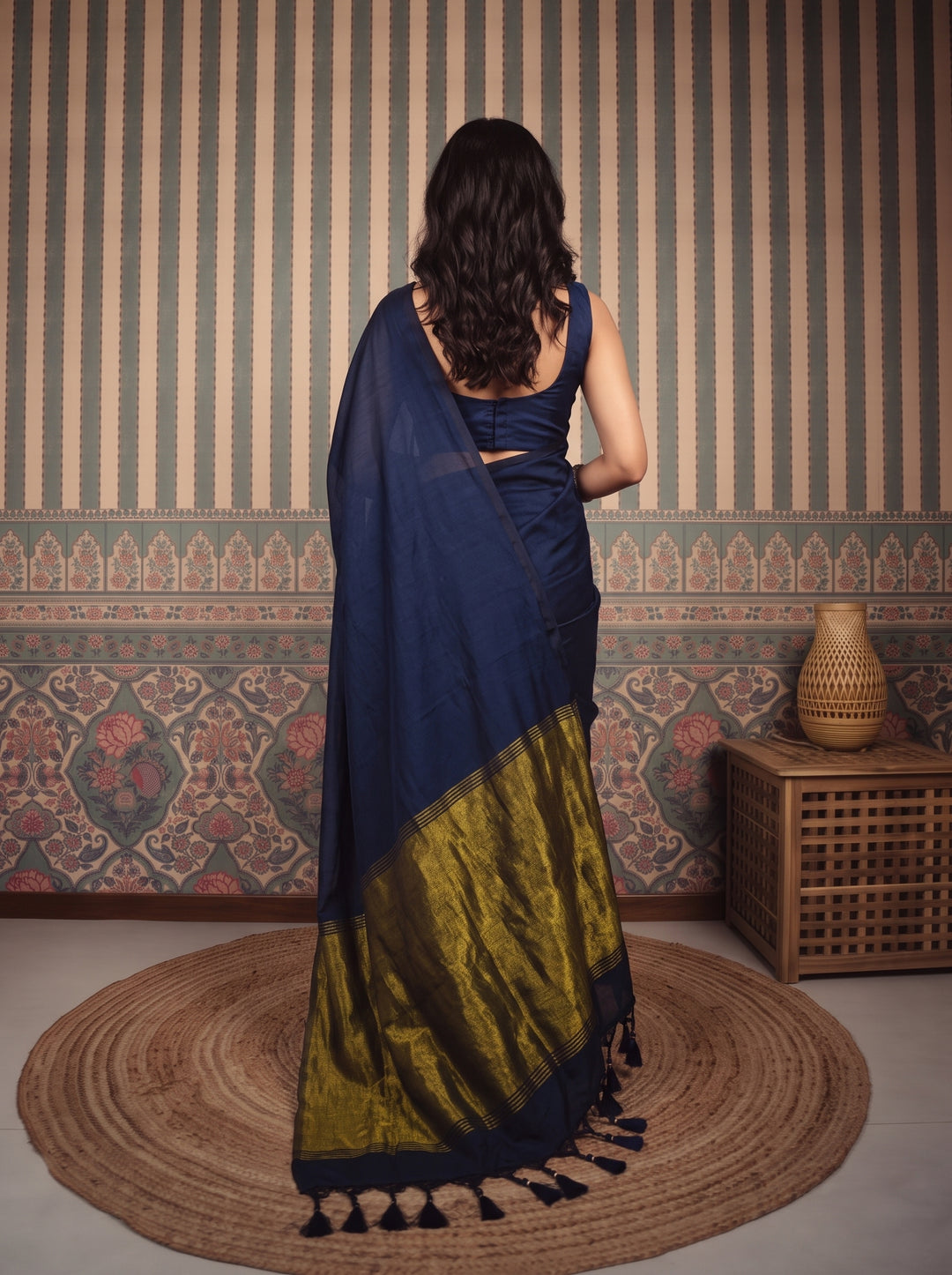 Navy Blue Mul Cotton Saree with Antique Gold Zari Woven Pallu, Tassels & Matching Blouse