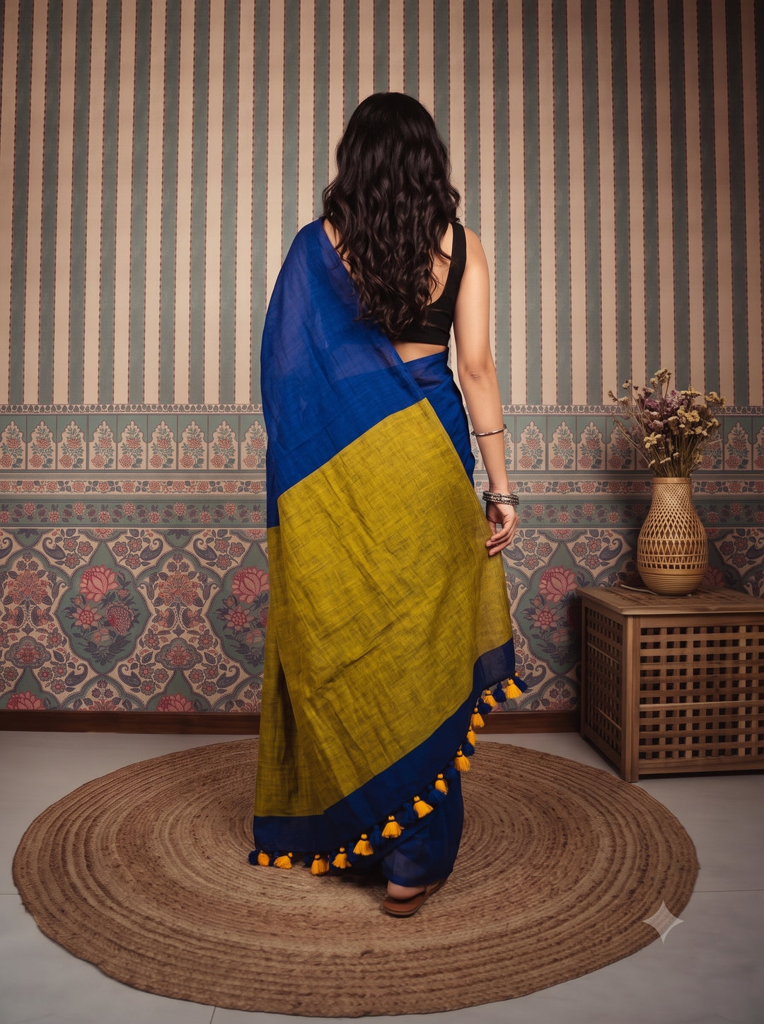 Royal Blue Mul Cotton Saree with Mustard Green Contrast Pallu, Tassels & Matching Blouse