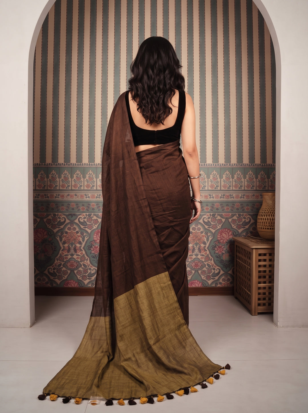 Chocolate Brown Mul Cotton Saree with Antique Gold Contrast Pallu, Tassels & Matching Blouse