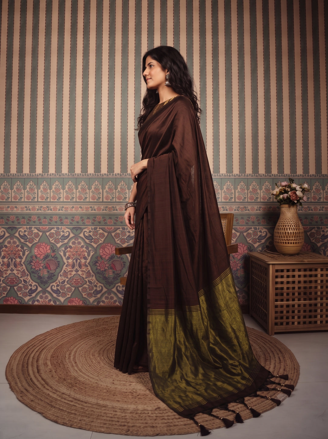 Chocolate Brown Mul Cotton Saree with Antique Gold Zari Woven Pallu, Tassels & Matching Blouse