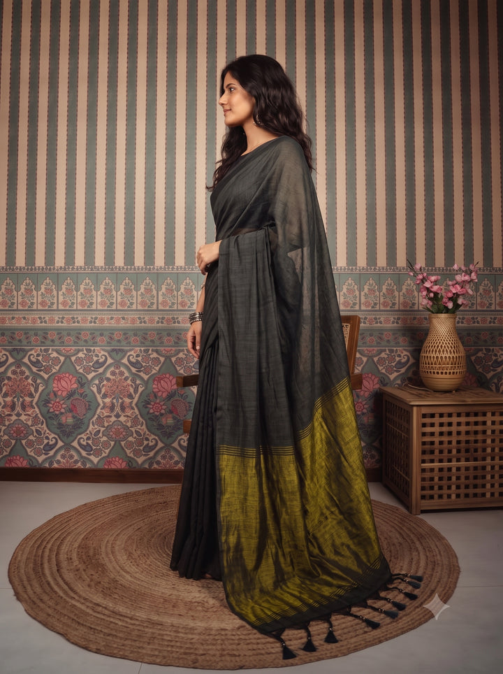 Grey Mul Cotton Saree with Antique Gold Zari Woven Pallu, Tassels & Matching Blouse