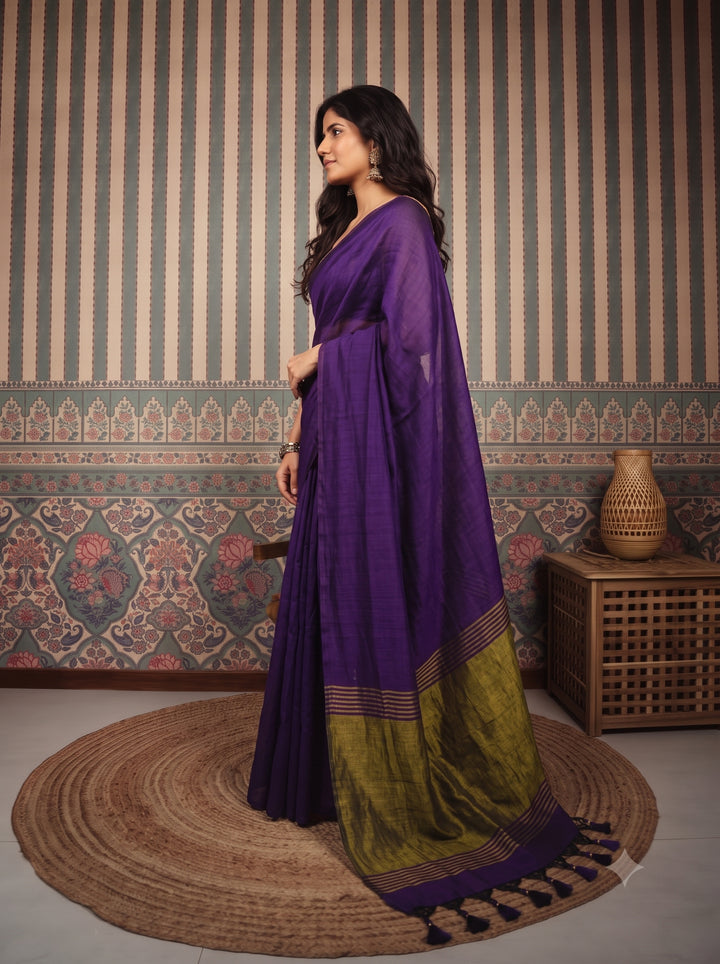 Deep Purple Mul Cotton Saree with Antique Gold Zari Woven Pallu, Tassels & Matching Blouse