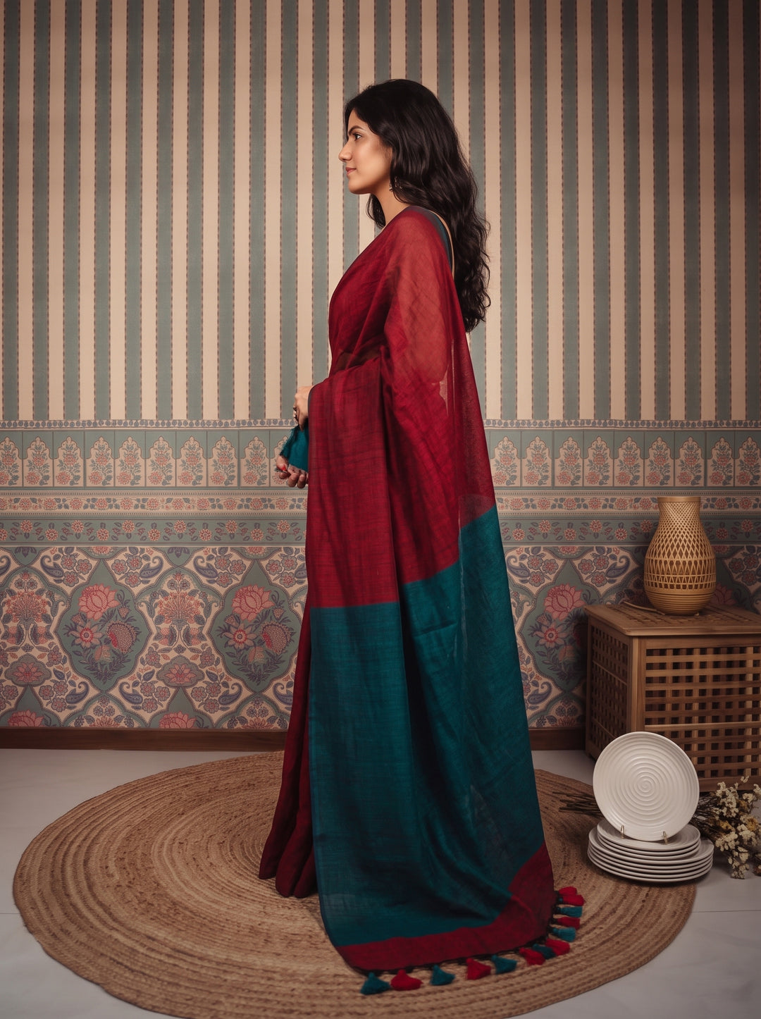 Ruby Red Mul Cotton Saree with Teal Green Contrast Pallu, Tassels & Matching Blouse