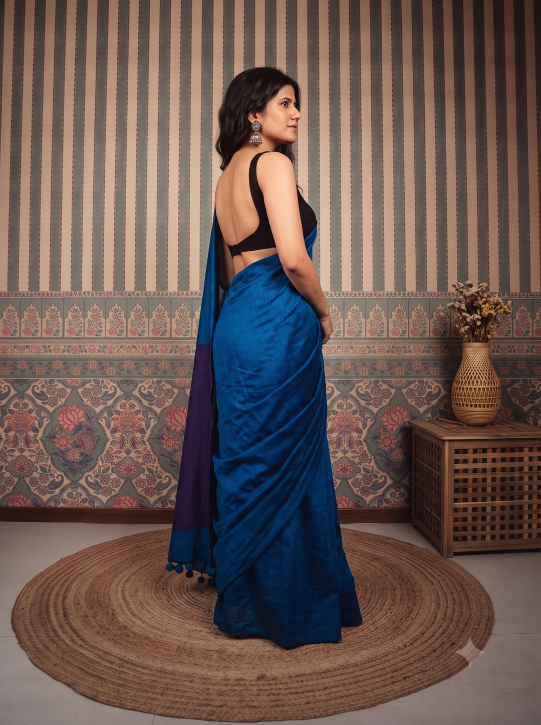Cobalt Blue Mul Cotton Saree with Deep Purple Contrast Pallu, Tassels & Matching Blouse