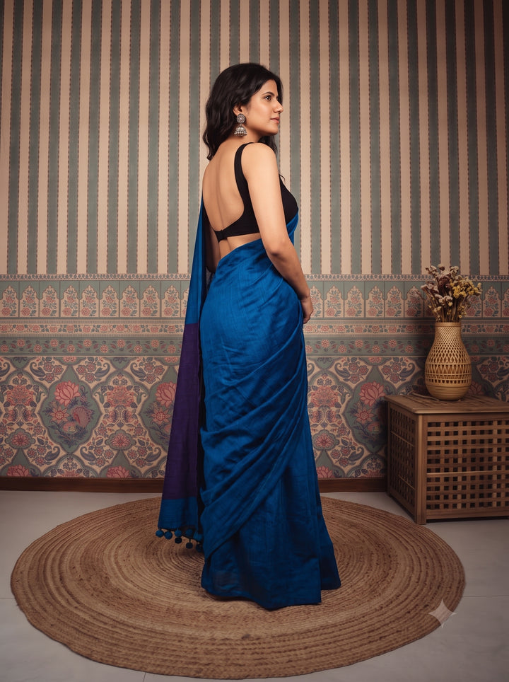 Cobalt Blue Mul Cotton Saree with Deep Purple Contrast Pallu, Tassels & Matching Blouse