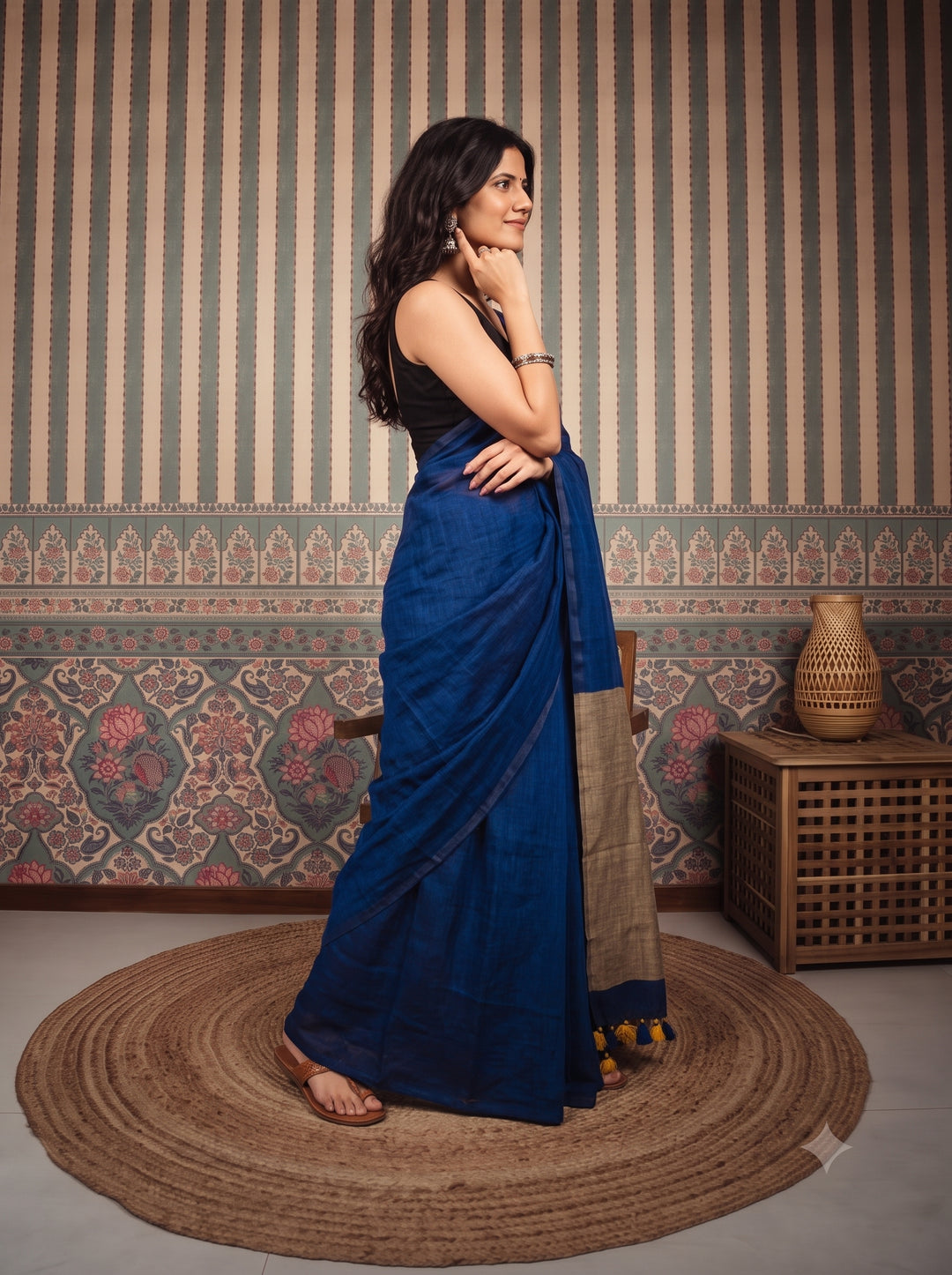 Navy Blue Mul Cotton Saree with Beige Contrast Pallu, Tassels & Matching Blouse