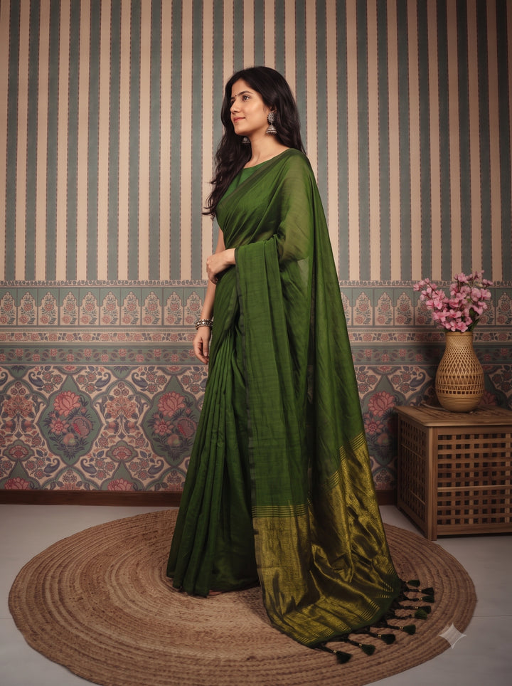 Mehendi Green Mul Cotton Saree with Antique Gold Zari Woven Pallu, Tassels & Matching Blouse