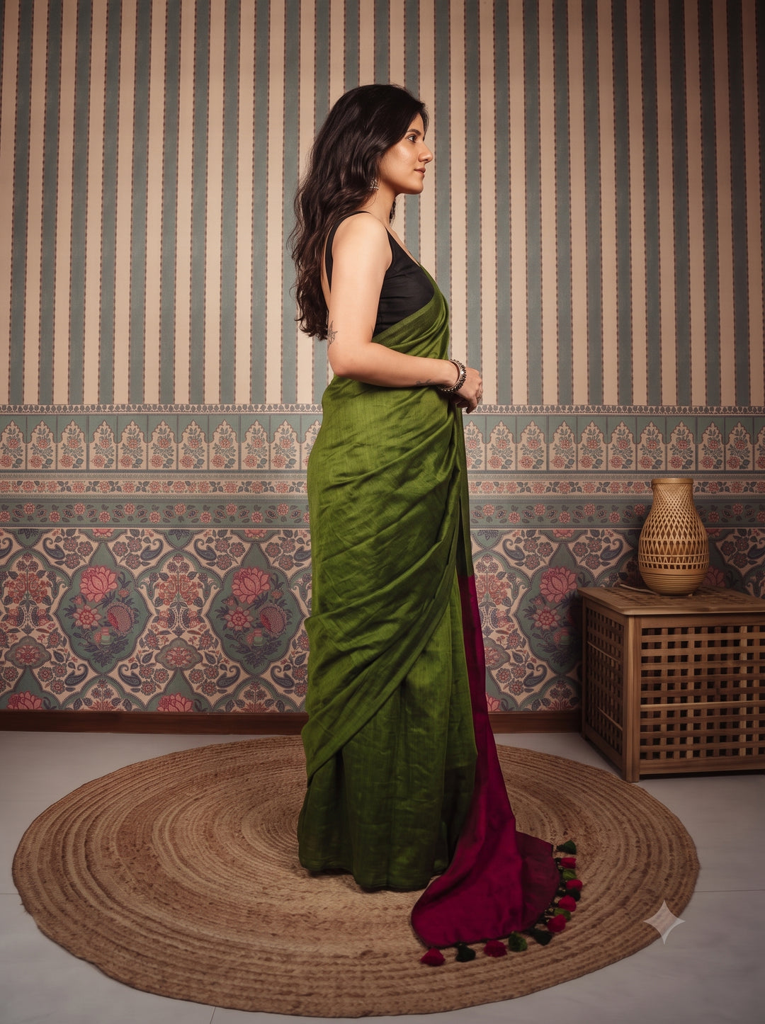 Olive Green Mul Cotton Saree with Contrast Magenta Pallu, Tassels & Matching Blouse