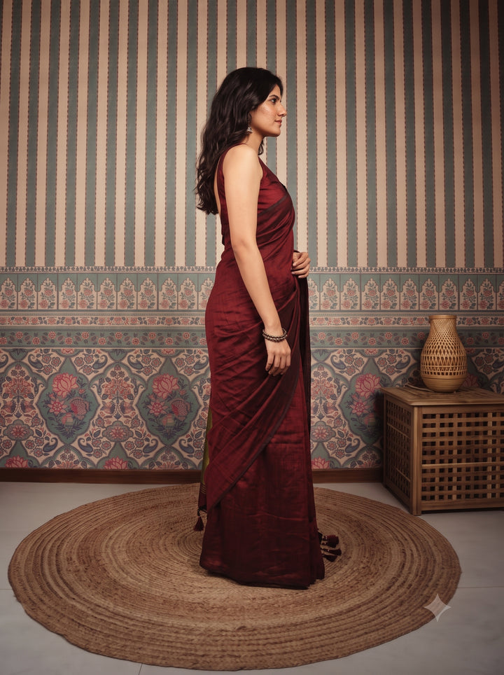 Wine Mul Cotton Saree with Antique Gold Zari Woven Pallu, Tassels & Matching Blouse