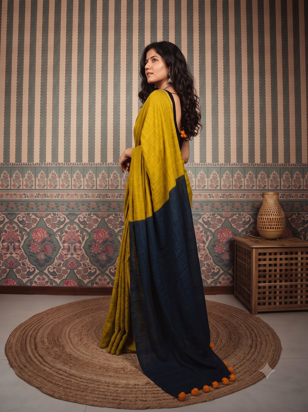 Mustard Yellow Mul Cotton Saree with Midnight Blue Contrast Pallu, Tassels & Matching Blouse