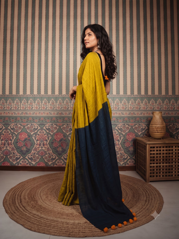 Mustard Yellow Mul Cotton Saree with Midnight Blue Contrast Pallu, Tassels & Matching Blouse