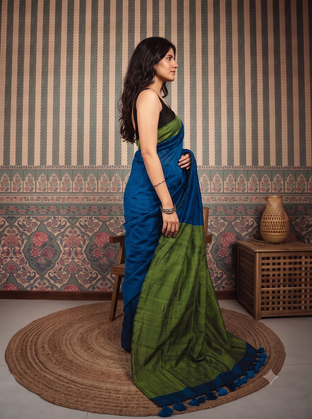 Royal Blue Mul Cotton Saree with Olive Green Contrast Pallu, Tassels & Matching Blouse