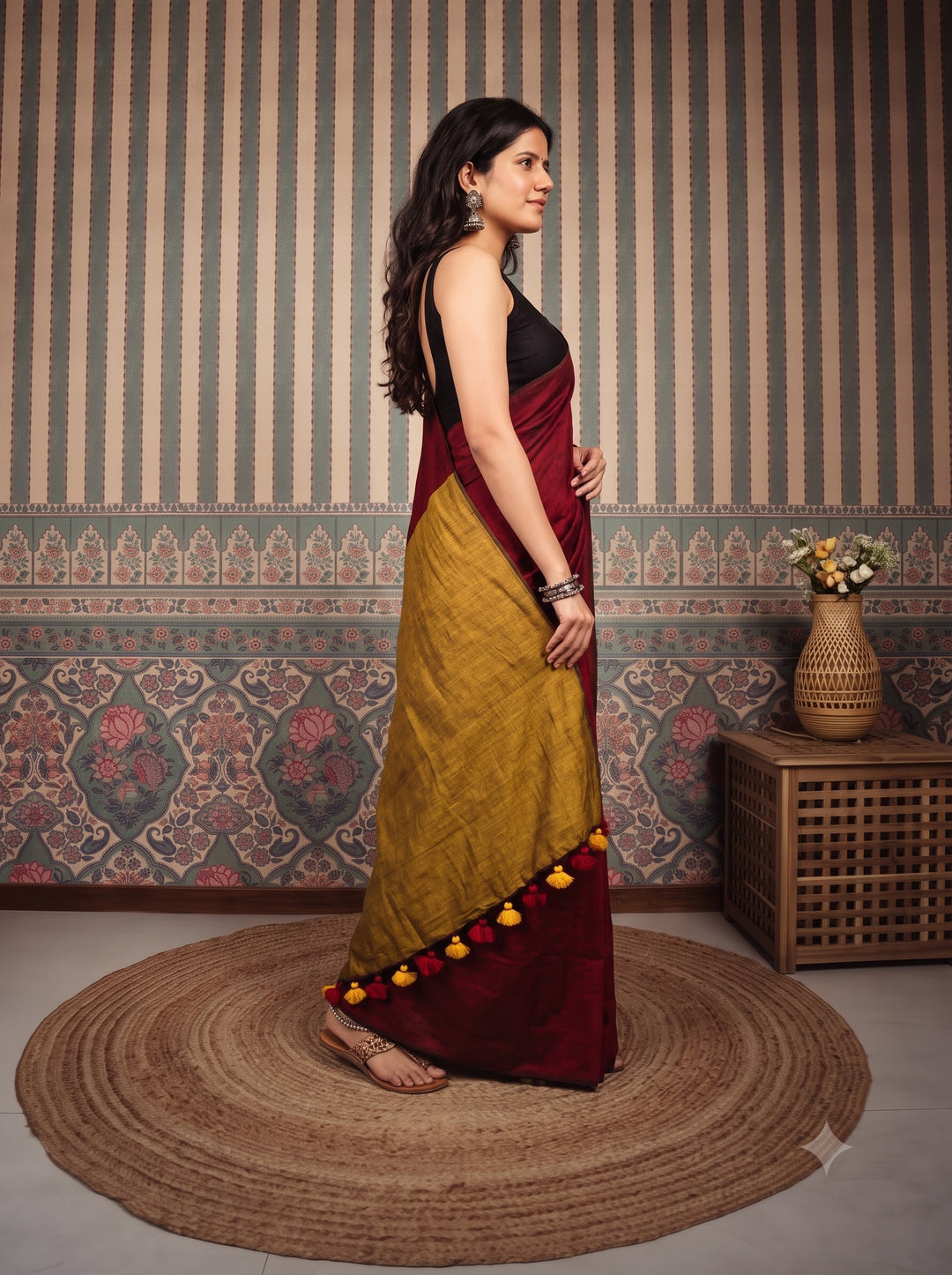 Deep Red Mul Cotton Saree with Mustard Gold Contrast Pallu, Tassels & Matching Blouse