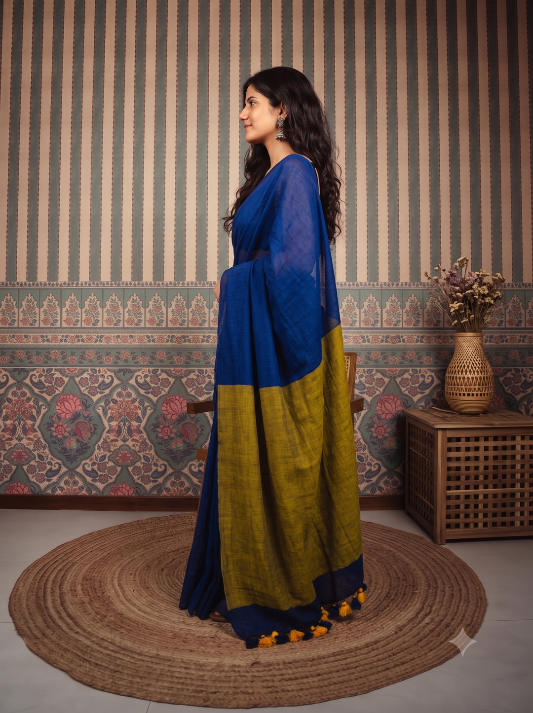 Royal Blue Mul Cotton Saree with Mustard Green Contrast Pallu, Tassels & Matching Blouse