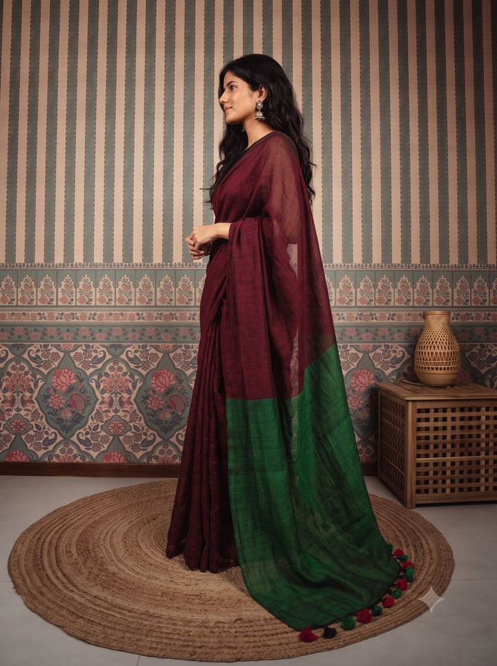Wine Maroon Mul Cotton Saree with Contrast Emerald Green Pallu, Tassels & Matching Blouse