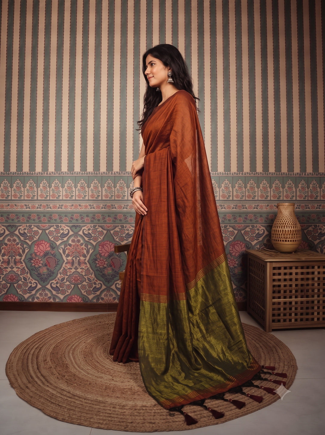 Rust Brown Mul Cotton Saree with Antique Gold Zari Woven Pallu, Tassels & Matching Blouse